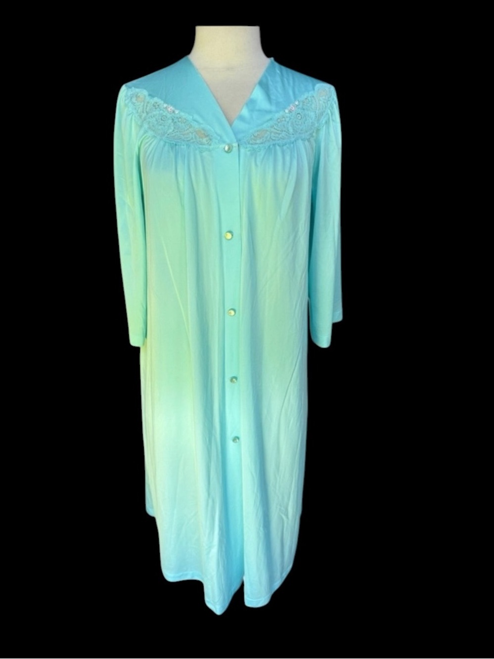 1970s Shadowline Embroidered Floral Lace Button Down Nylon Robe